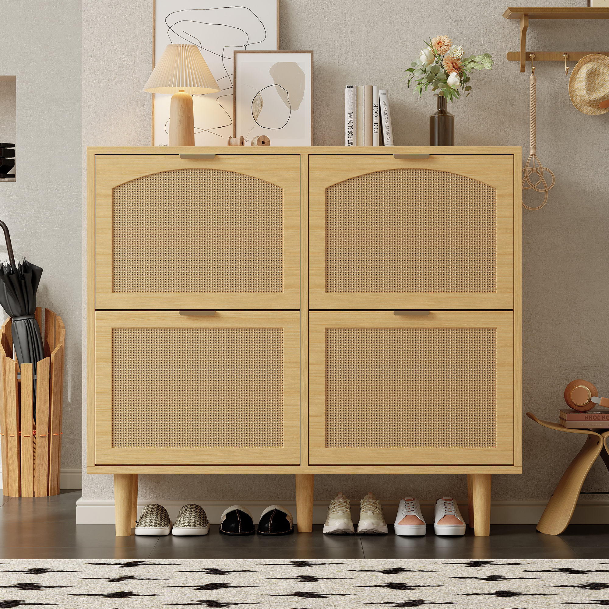 Schuhschrank Mit 4 Klappschubladen, Schuhkommode Aus Rattan Mit Metallgriffen, Schuhregal Für Flur, Schlafzimmer