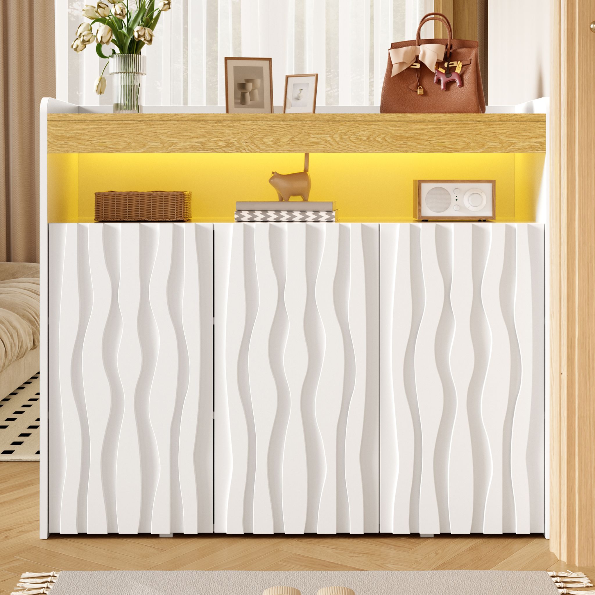 Sideboard / Schuhschrank Mit Led-beleuchtung, 5 × T35 Cm, 3 Türen, Wellenmuster-design