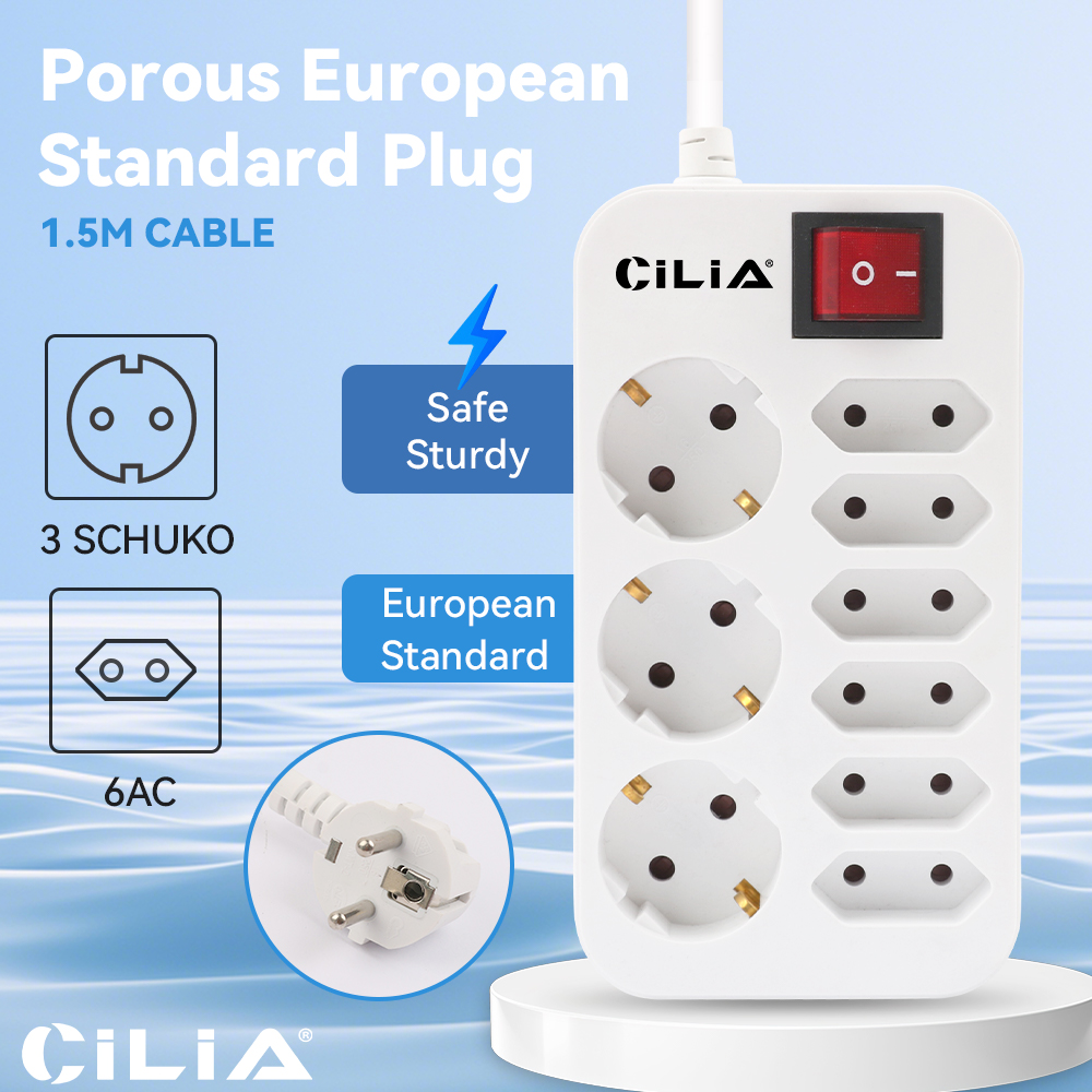 Steckdosenleiste 9-in-1, 3 Schuko + 6 Euro, Mit Schalter, 3680w, 1,5 M, Weiß