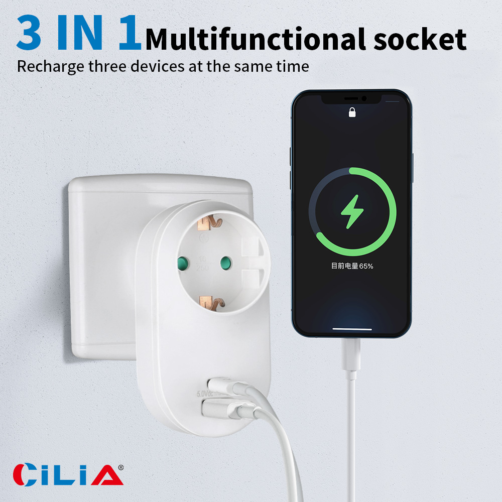 Wand-adapter 3-in-1, Schuko 16a + Usb-c + Usb-a, Kompakt, Weiß, Für Reise & Büro