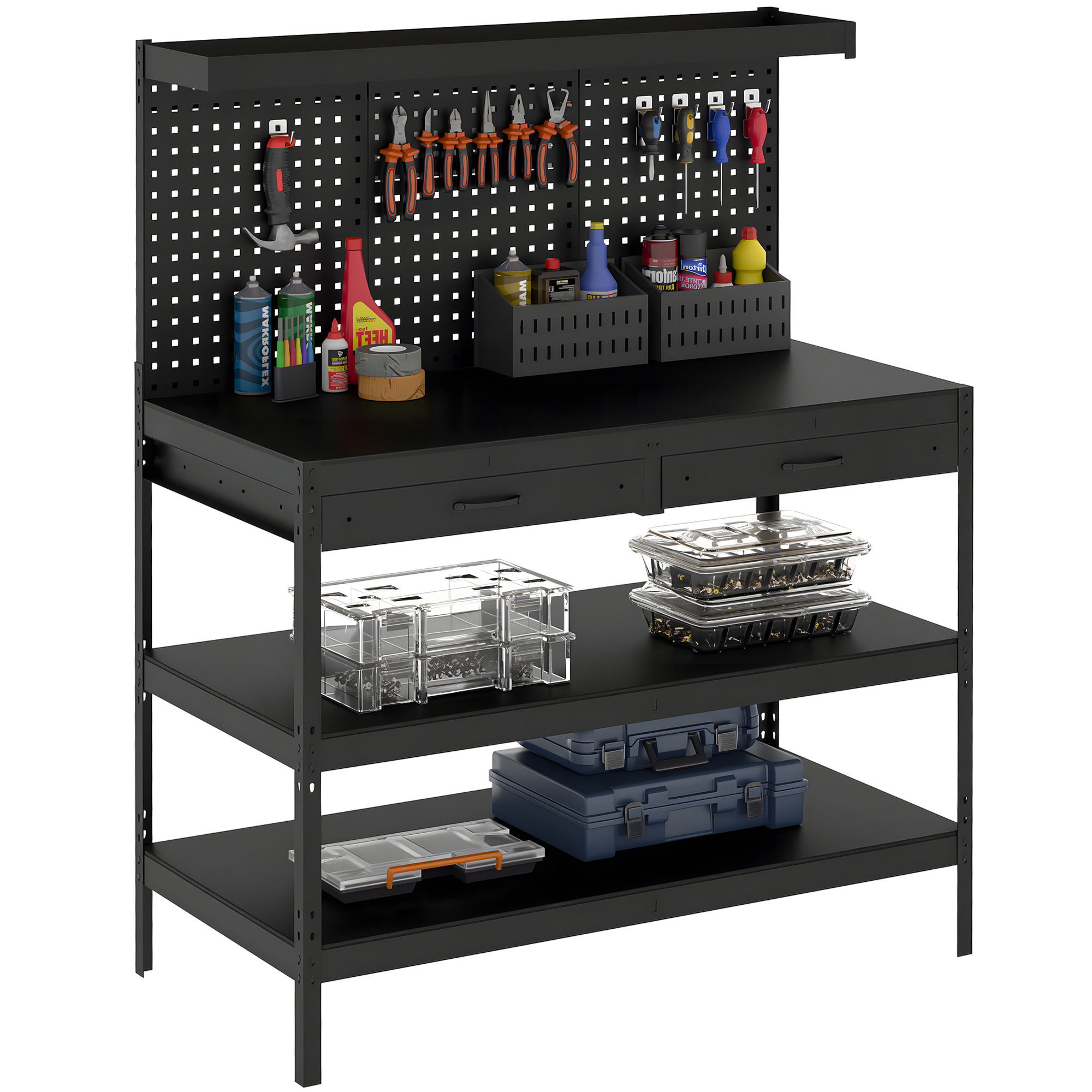 Werkbank 272 Kg, 122x61x156 Cm, Mit Lochwand, 2 Schubladen Und 2 Verstellbaren Böden, Schwarz