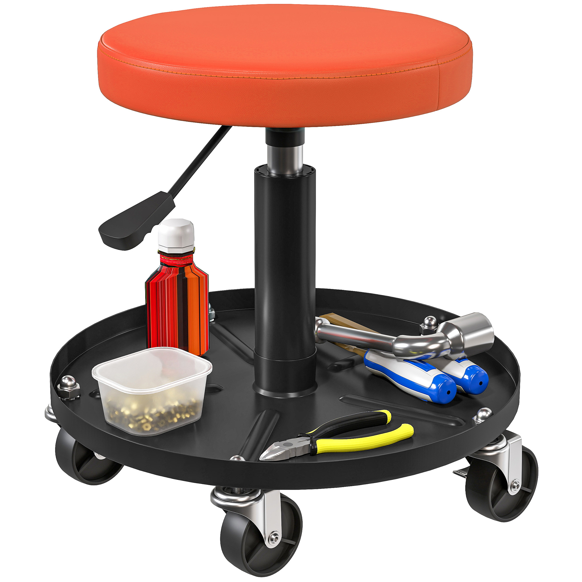 Werkstatt-hocker Mit 5 Laufrollen, 360° Drehbar, Höhenverstellbar 38-50 Cm, Mit Ablage, 38x38x38-50 Cm, Orange