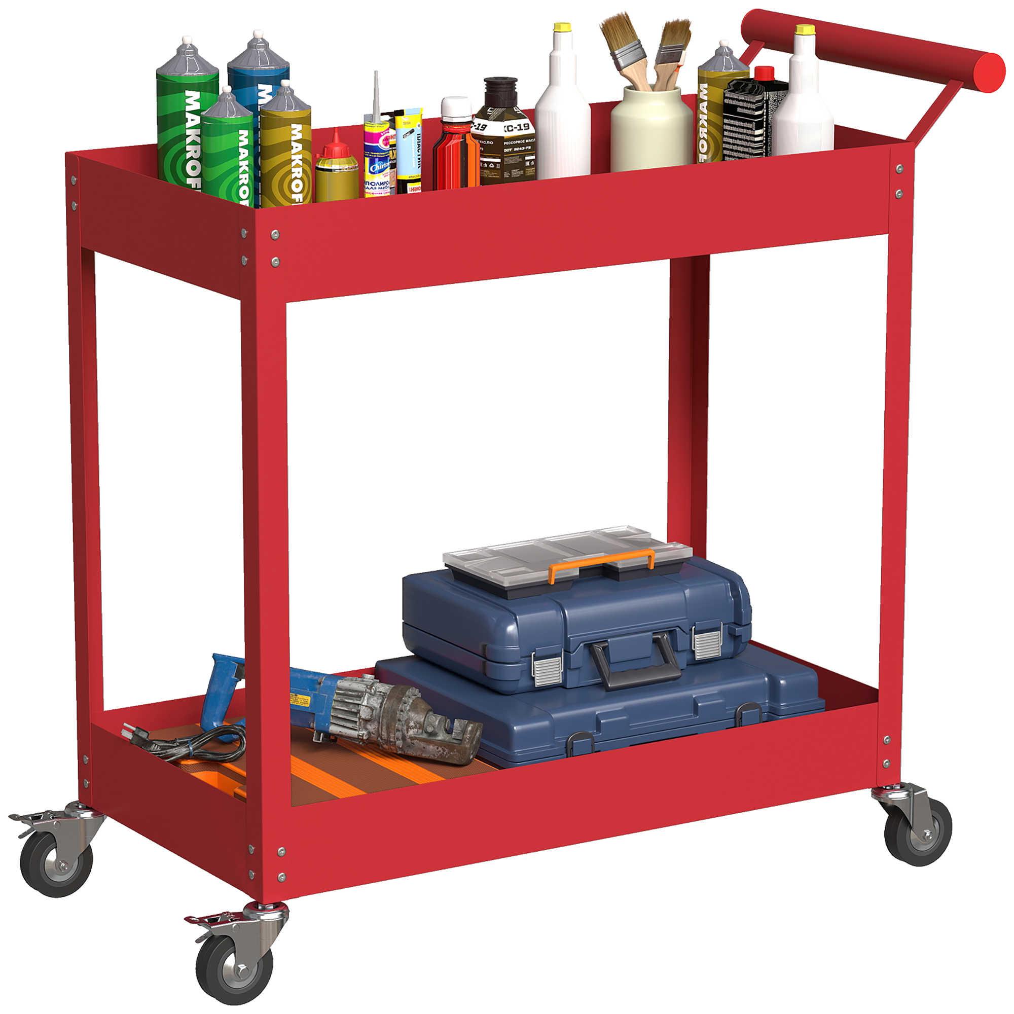 Werkstattwagen 2 Ebenen, Seitlicher Griff Und Feststellbare Rollen, 84,5x38x84 Cm, Rot