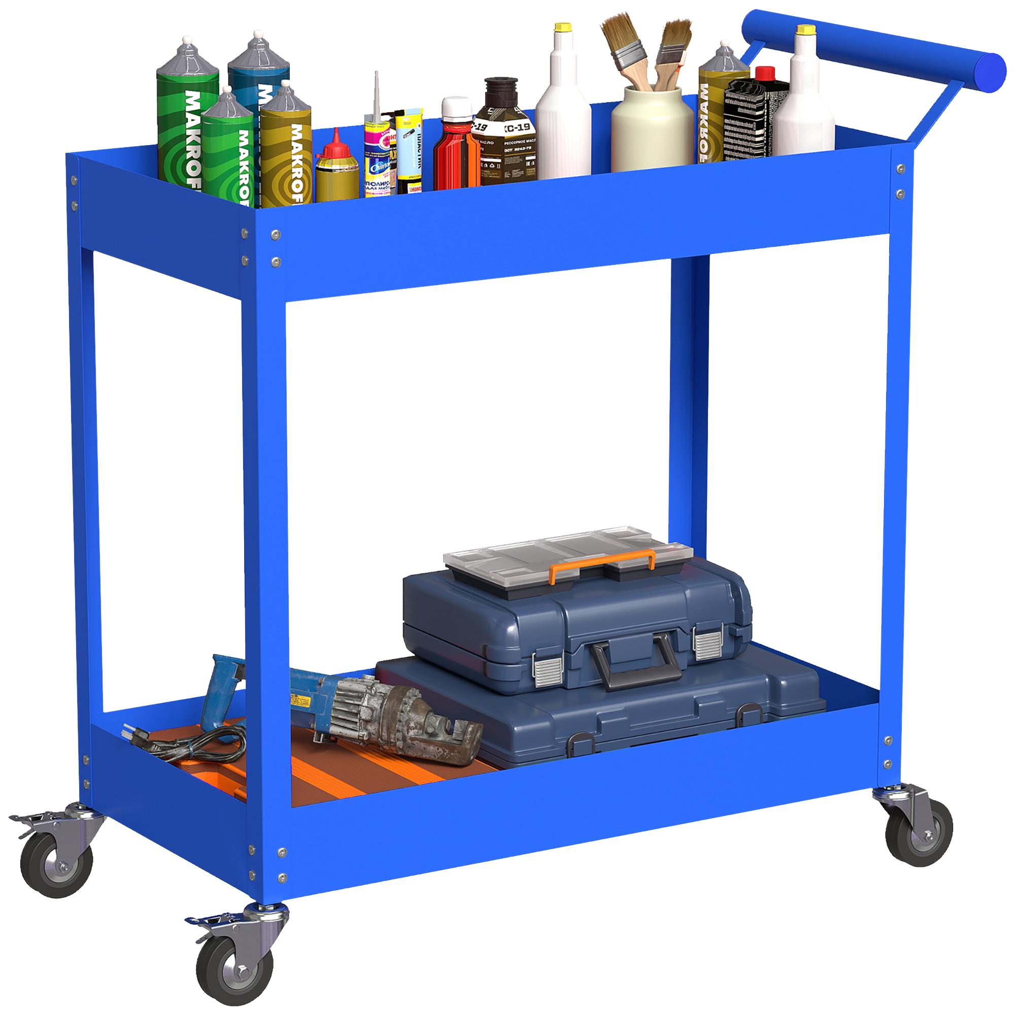 Werkstattwagen 2 Ebenen, Seitlicher Griff Und Feststellbare Rollen, 84,5x38x84 Cm, Blau