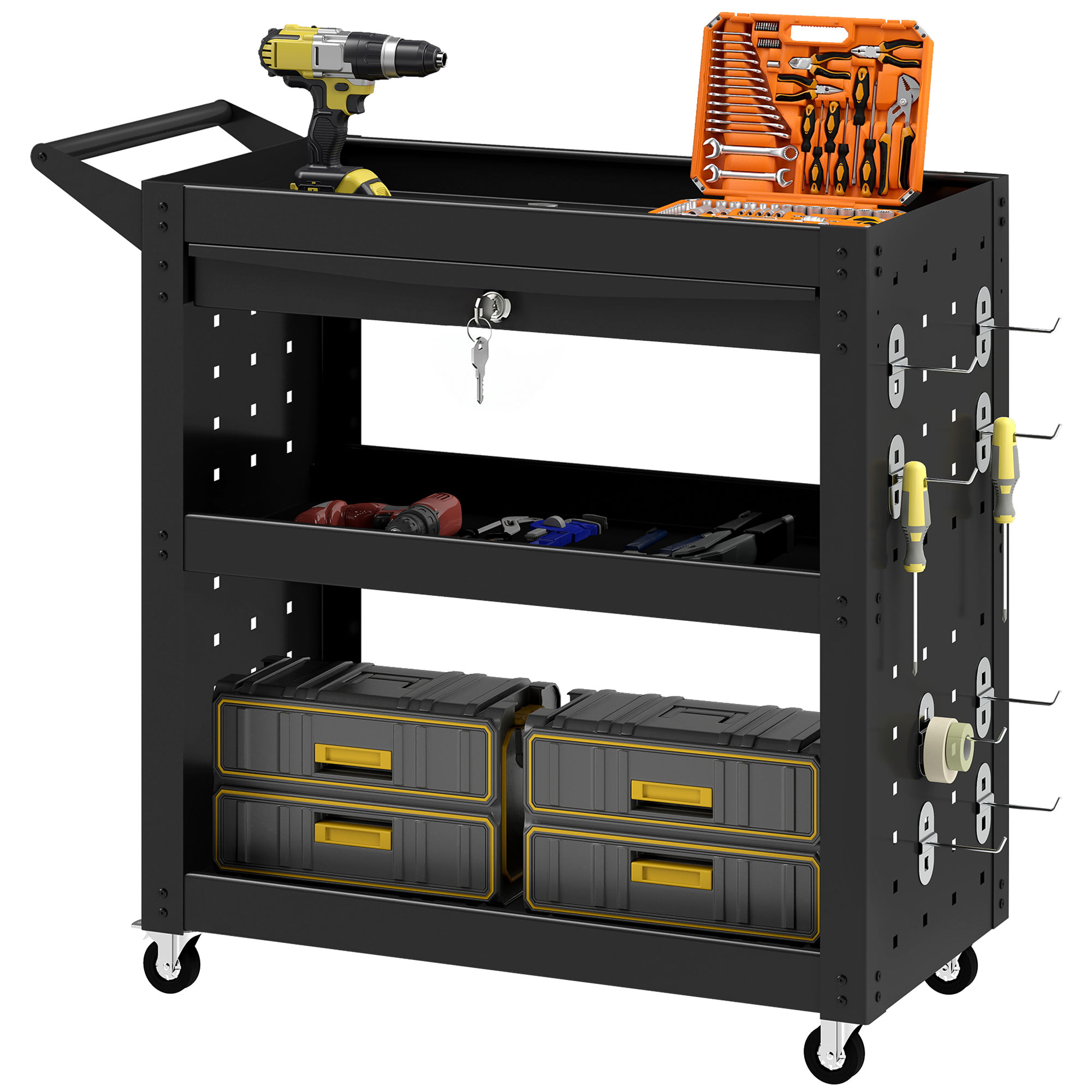 Werkstattwagen 3 Ebenen, Mit Schublade & Lochwand, 90 Kg, Schwarz, 78x35x73 Cm