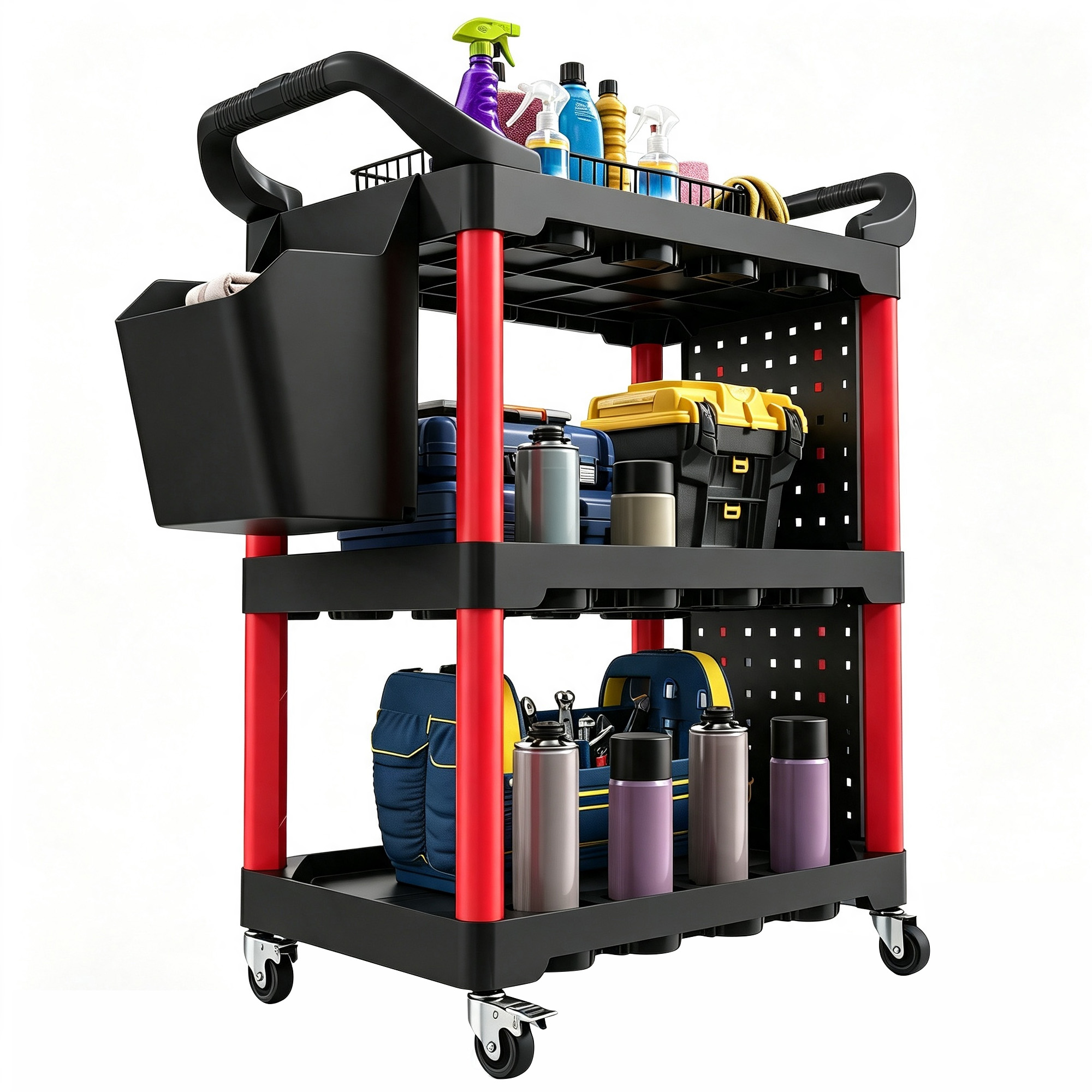 Werkstattwagen 3 Ebenen, Mit Lochwand, Haken & Eimer, Rot, 130 Kg