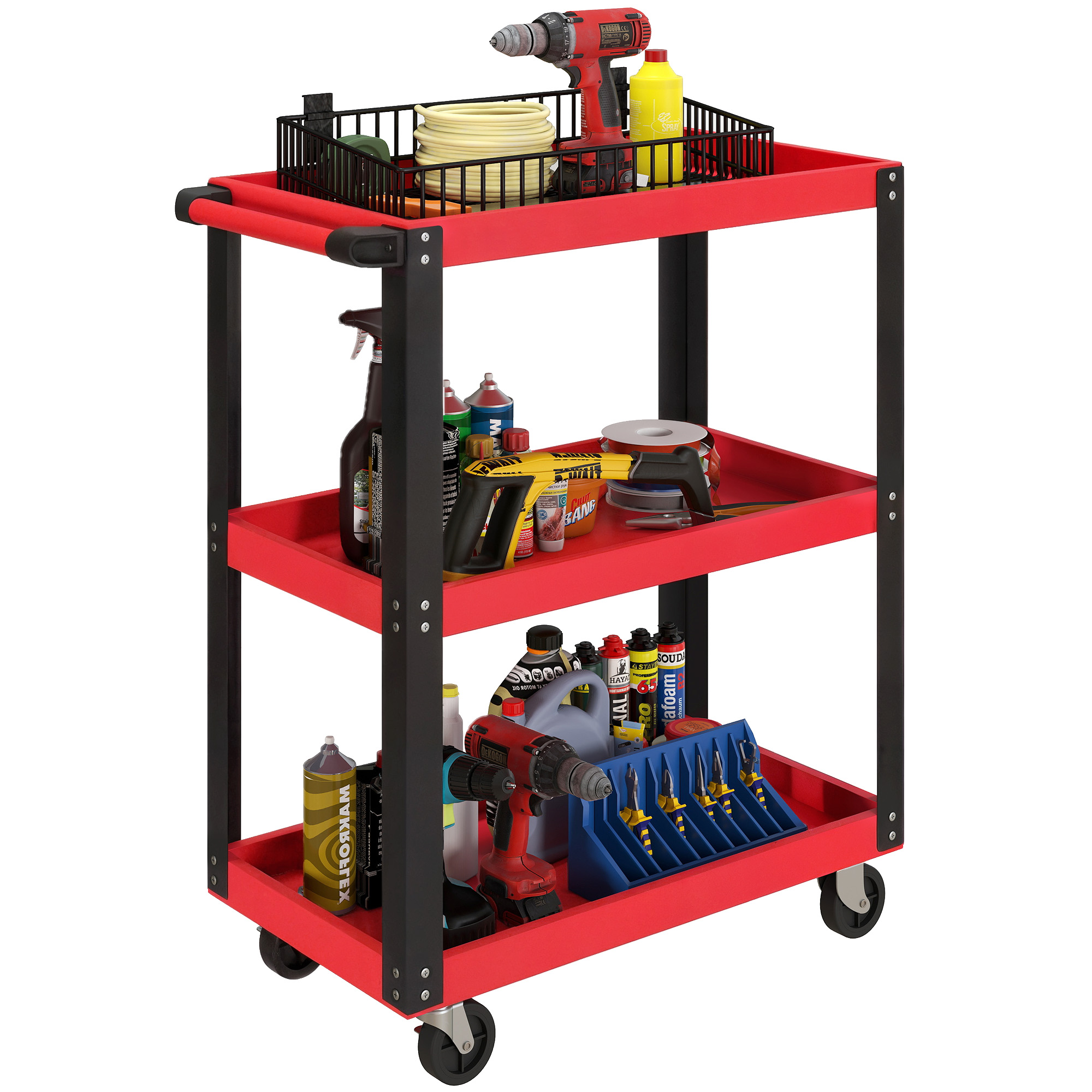 Werkstattwagen Mit 3 Ebenen, Seitengriff, Feststellbare Rollen, 70,5x35x82,5 Cm, Rot