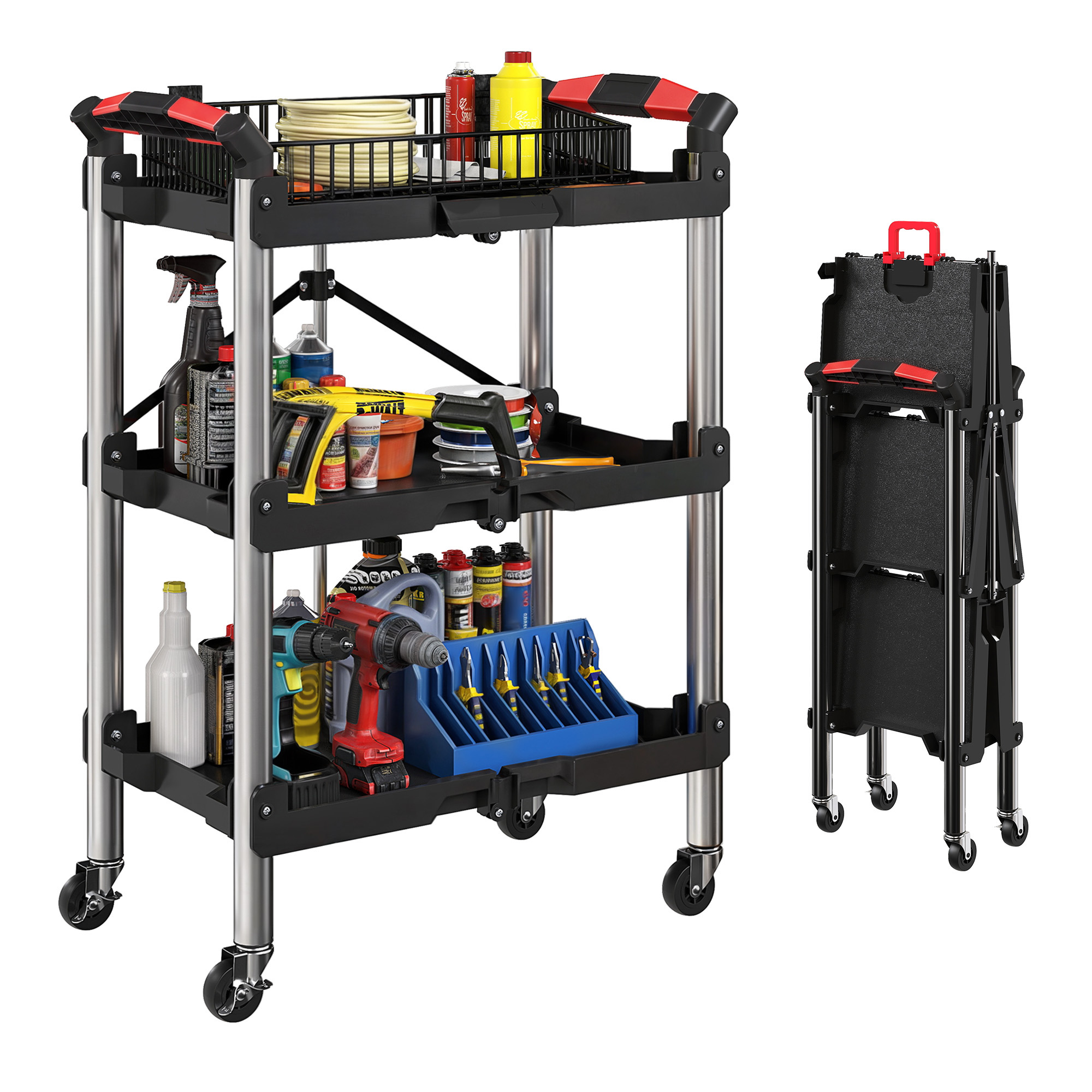 Werkzeug-trolley Klappbar, 3-stufig, Kunststoff + Stahl, Schwarz, Bis 68 Kg