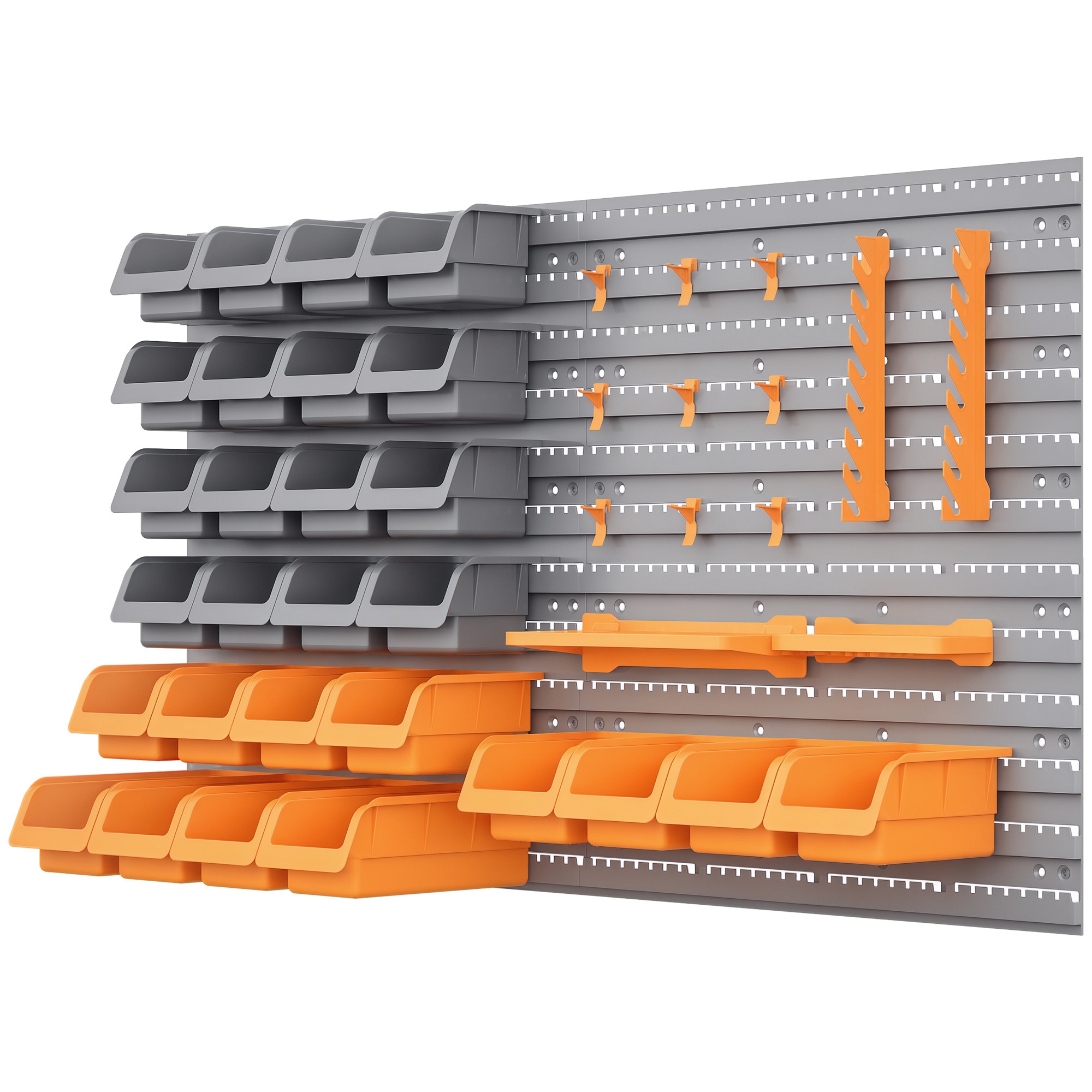 Werkzeug-wandregal 95x54 Cm, Mit 28 Stapelbaren Boxen Und Verschiedenen Haken, Grau/orange