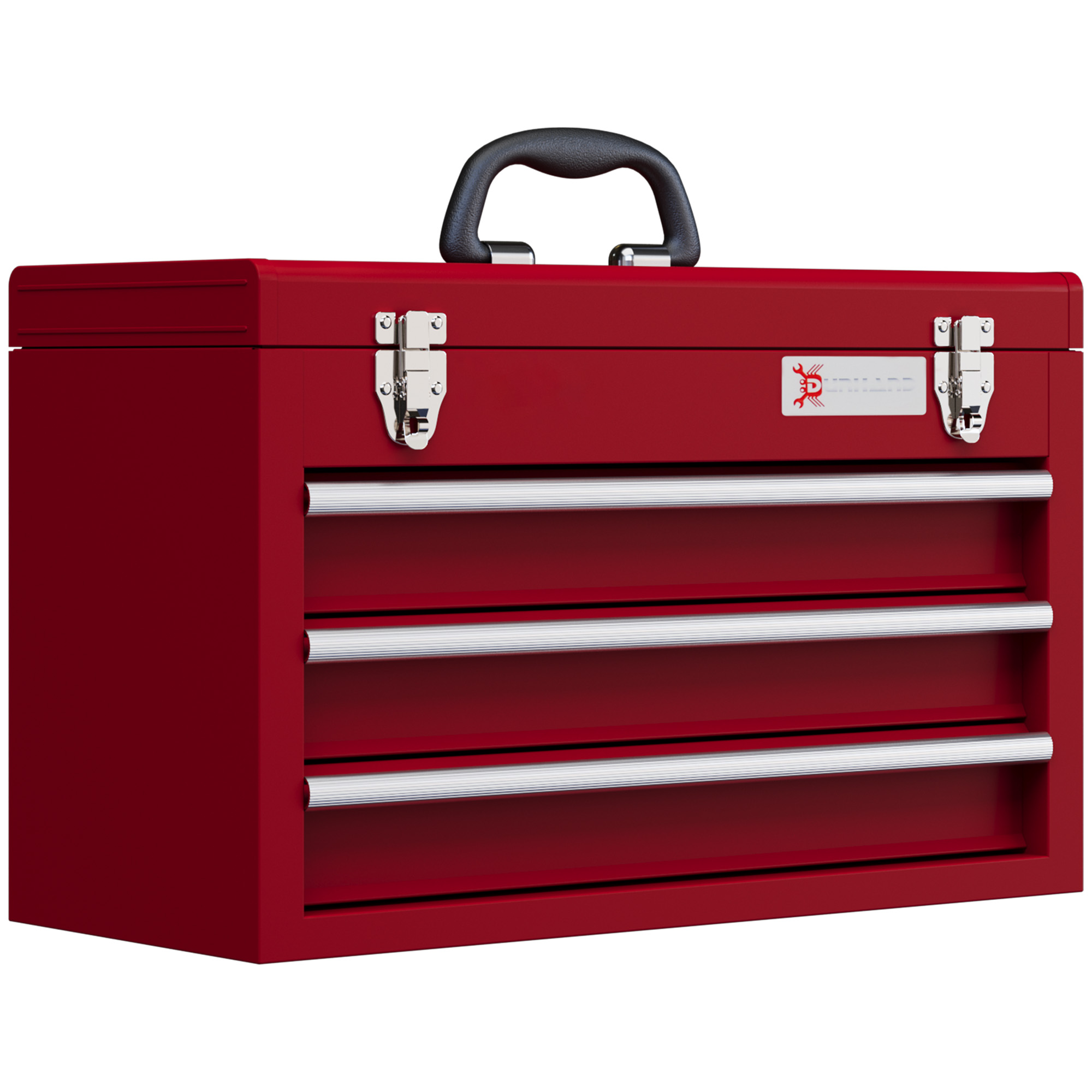 Werkzeugkiste 3 Schubladen + Oberes Staufach, Stahlverschlüsse, Griff, 51x22x32 Cm, Rot, 16 Kg