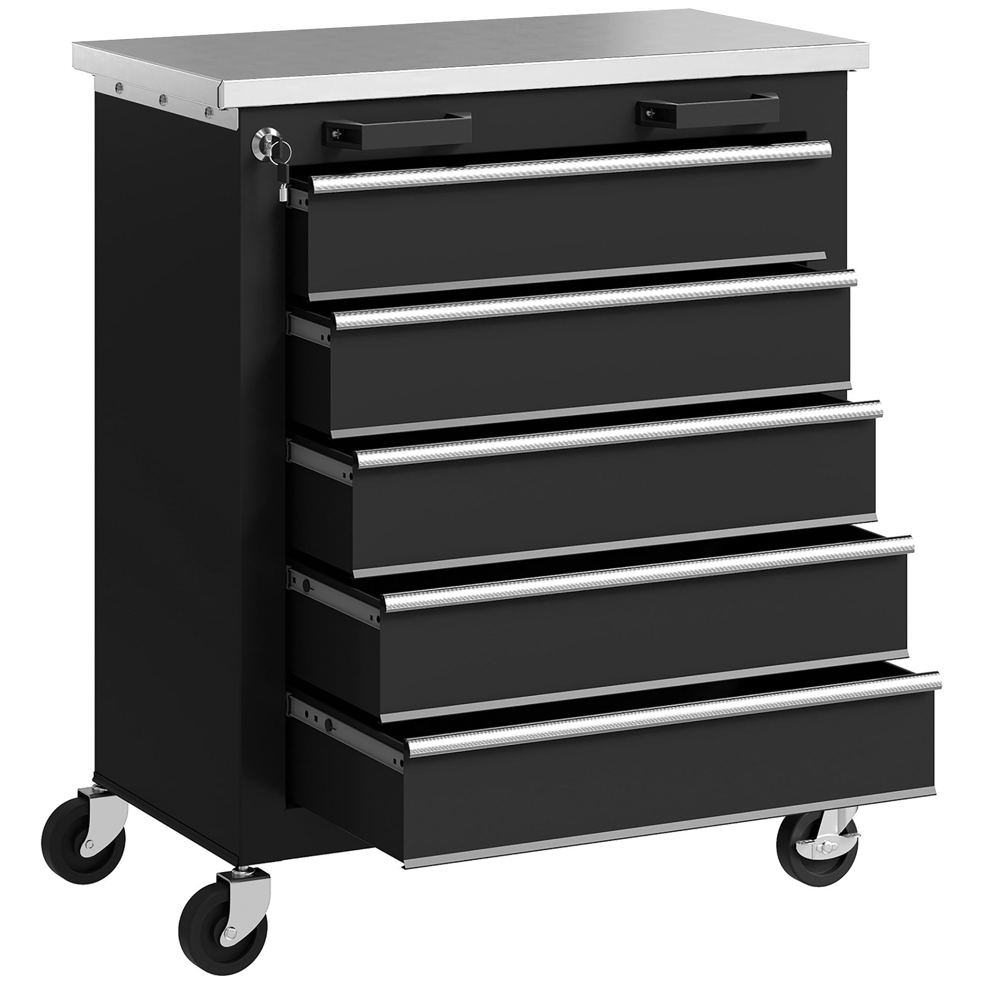 Werkzeugschrank Mit 5 Schubladen, Rollbar, Werkzeugwagen Aus Stahl, Silber/schwarz