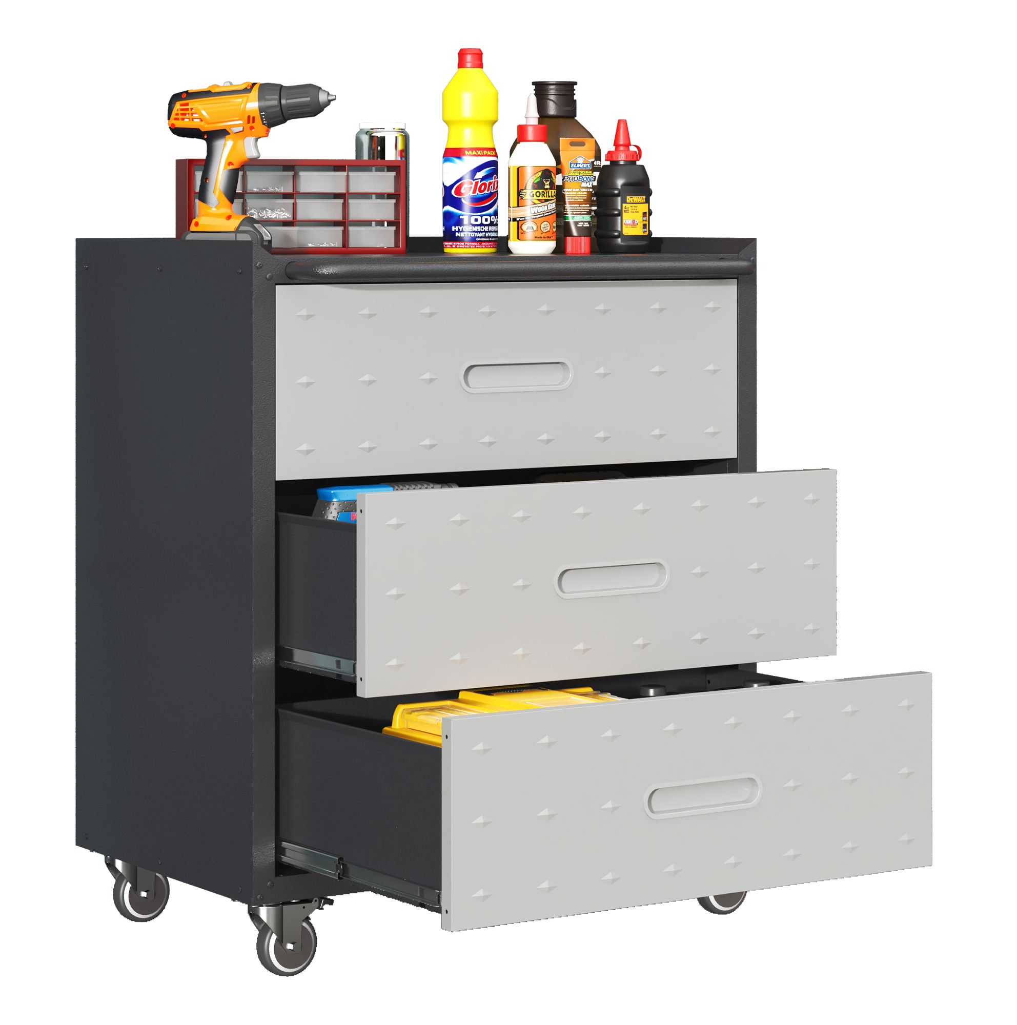 Werkzeugschrank Rollbar 3 Schubladen, 75x42x88 Cm, Schwarz-grau, Für Garage & Büro