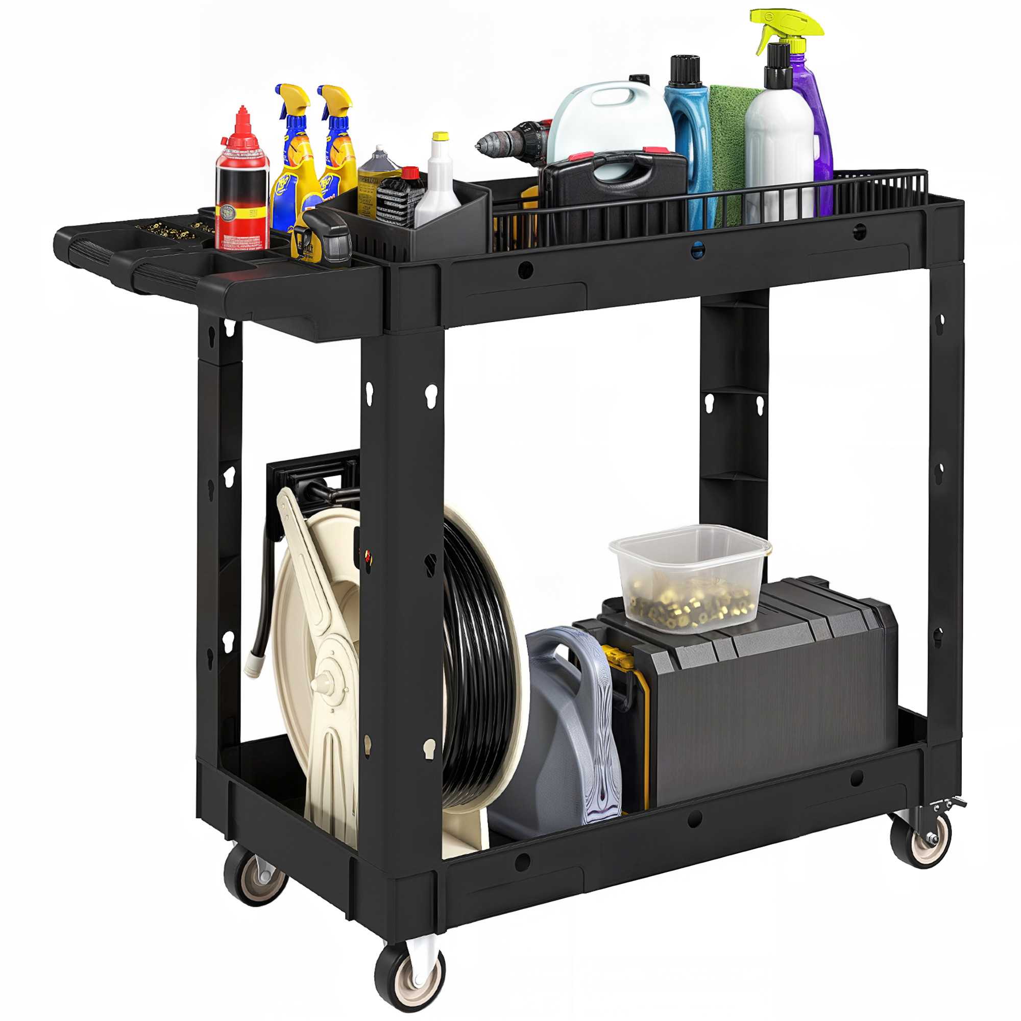Werkzeugwagen 2 Ebenen, Griff, 4 Rollen, Kunststoff, Schwarz, Bis 227 Kg
