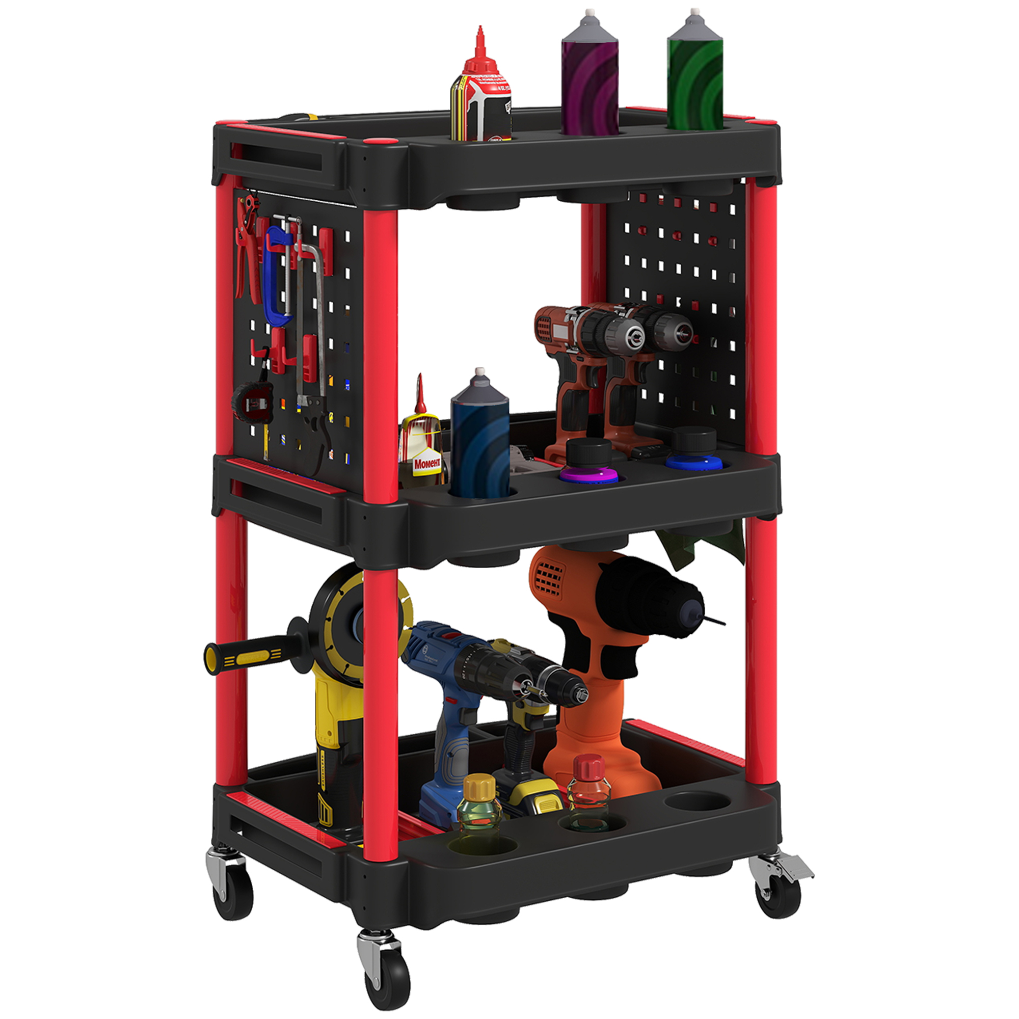 Werkzeugwagen 3 Ebenen, 4 Rollen, 10 Haken, Kunststoff, Rot, Bis 91 Kg
