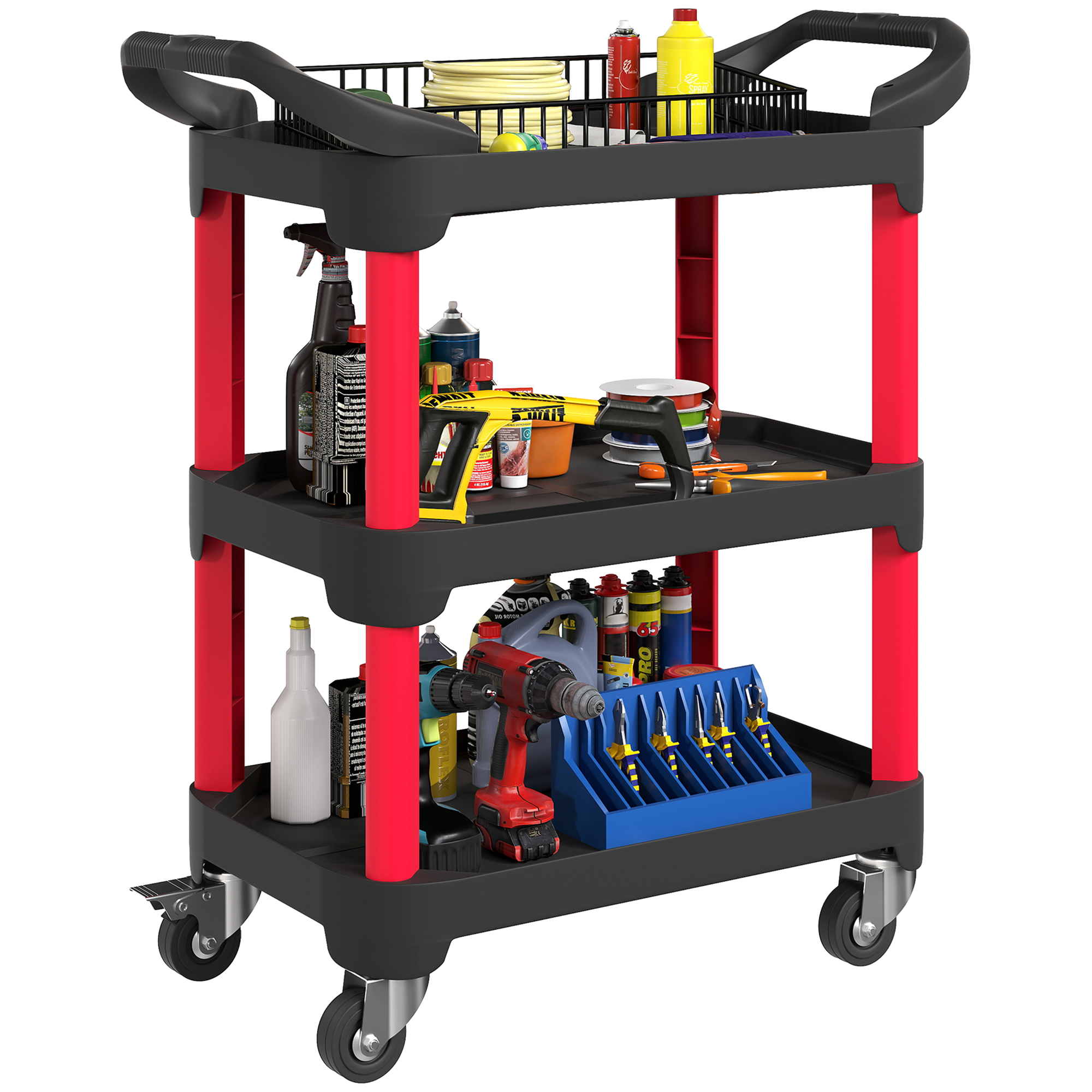 Werkzeugwagen 3 Ebenen, Seitliche Griffe, 4 Rollen, Kunststoff, Schwarz, Bis 68 Kg