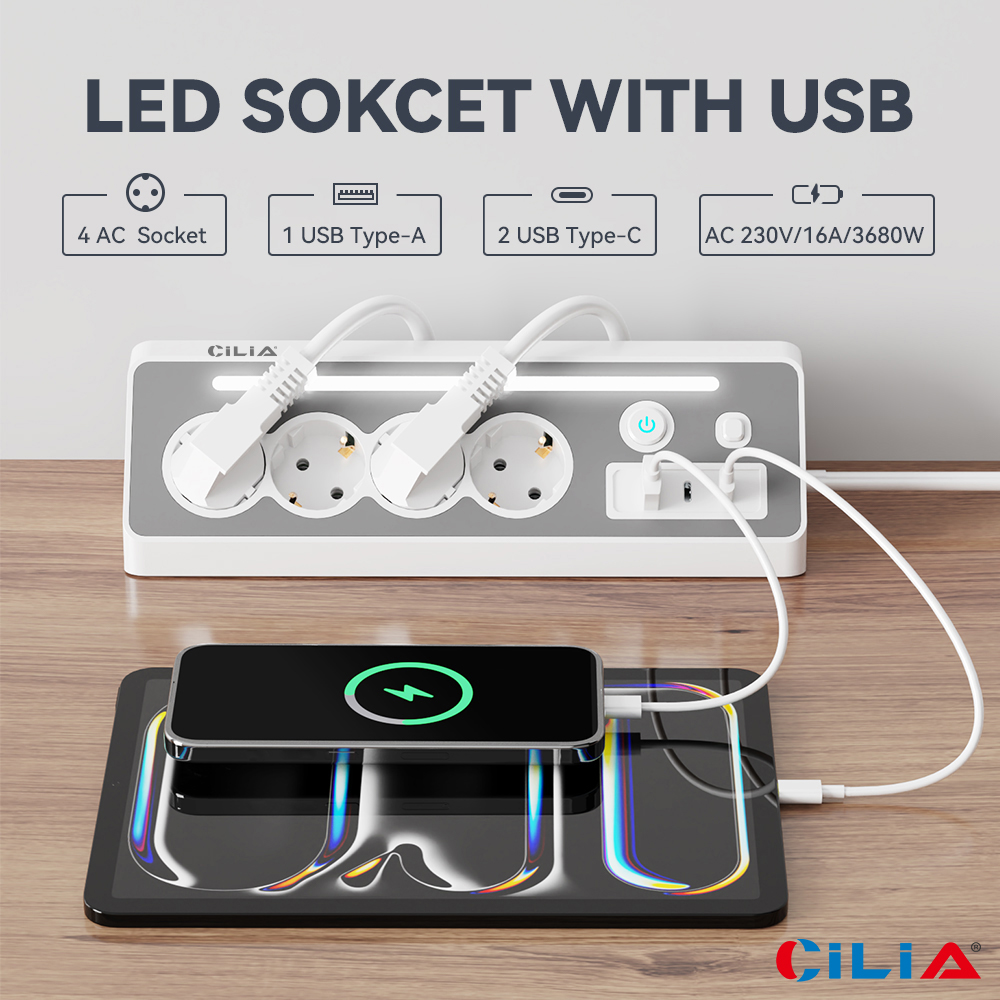 Winkel-steckdosenleiste 90°, 4 Schuko + 2 Usb-c + 1 Usb-a, Mit Led-licht, 3680w, 1,5 M