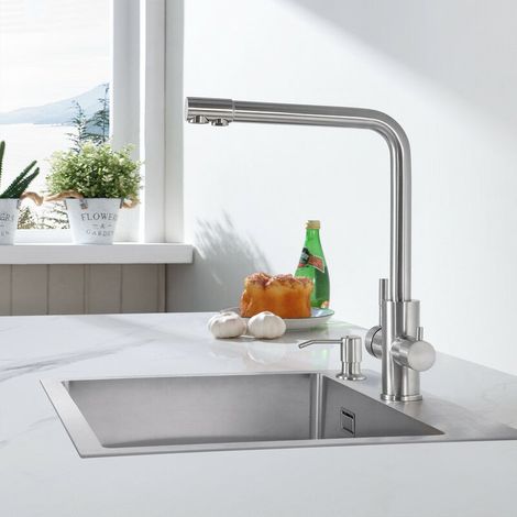 Küchenarmatur Mit 3 Ausgängen: Mischbatterie Für Spüle Mit Zwei Wasseranschlüssen – Gefiltertes Und Warmes/kaltes Wasser – 360° Schwenkbarer Auslauf Aus Gebürstetem Edelstahl 304