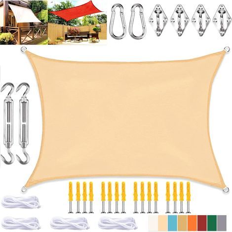 Rechteckiger Sonnensegelschutz, Wasserdichtes Tuch Mit Uv-schutz Und Befestigungsset, Für Terrasse Und Garten Im Außenbereich, Beige, 4 X 5 M