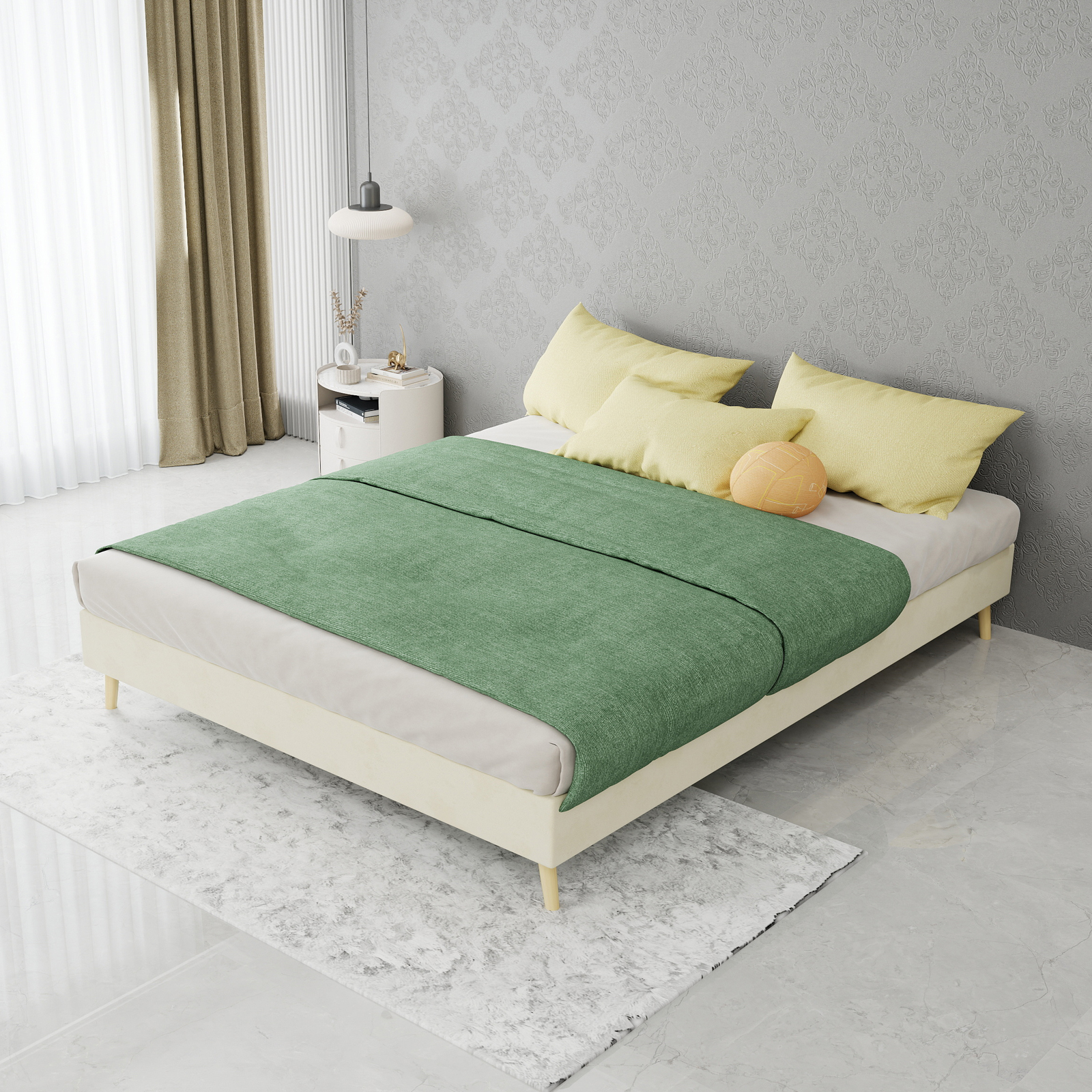 Bettrahmen 140x200cm In Dutch Velvet Beige, Flache Basis, Ohne Gasdruck, Kopfteil & Matratze