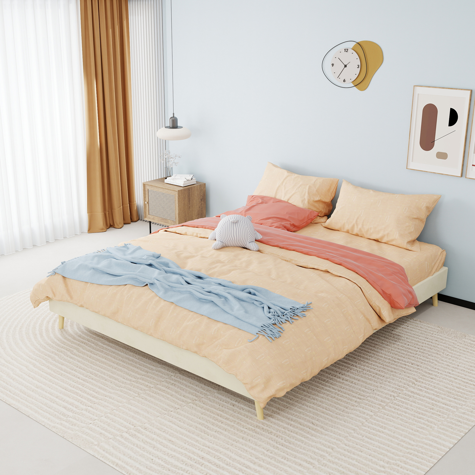 Bettrahmen 160x200cm In Dutch Velvet Beige, Flache Basis, Ohne Gasdruck, Kopfteil & Matratze