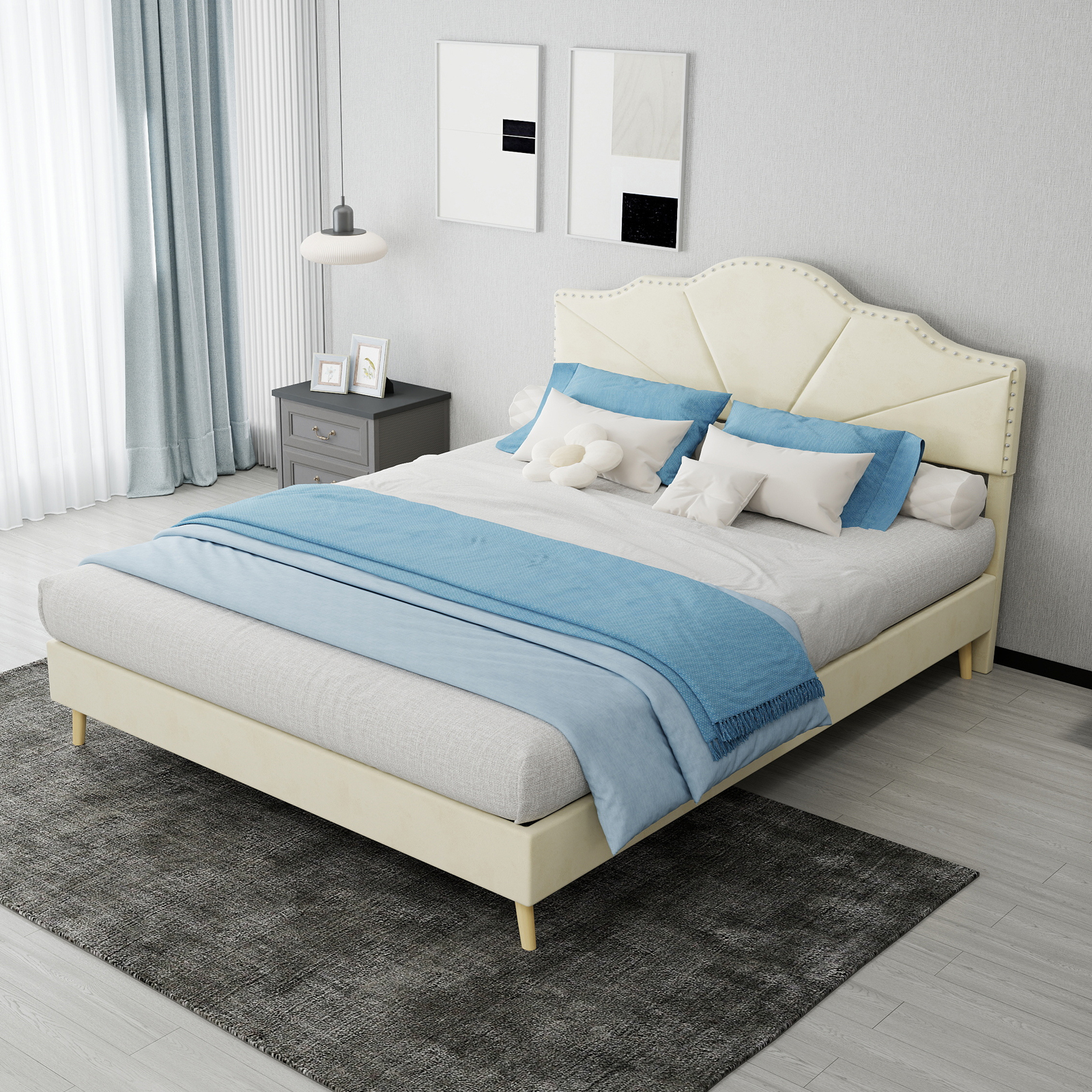 Polsterbett, 140x200cm, Kopfteil, Stoff+metall, Beige