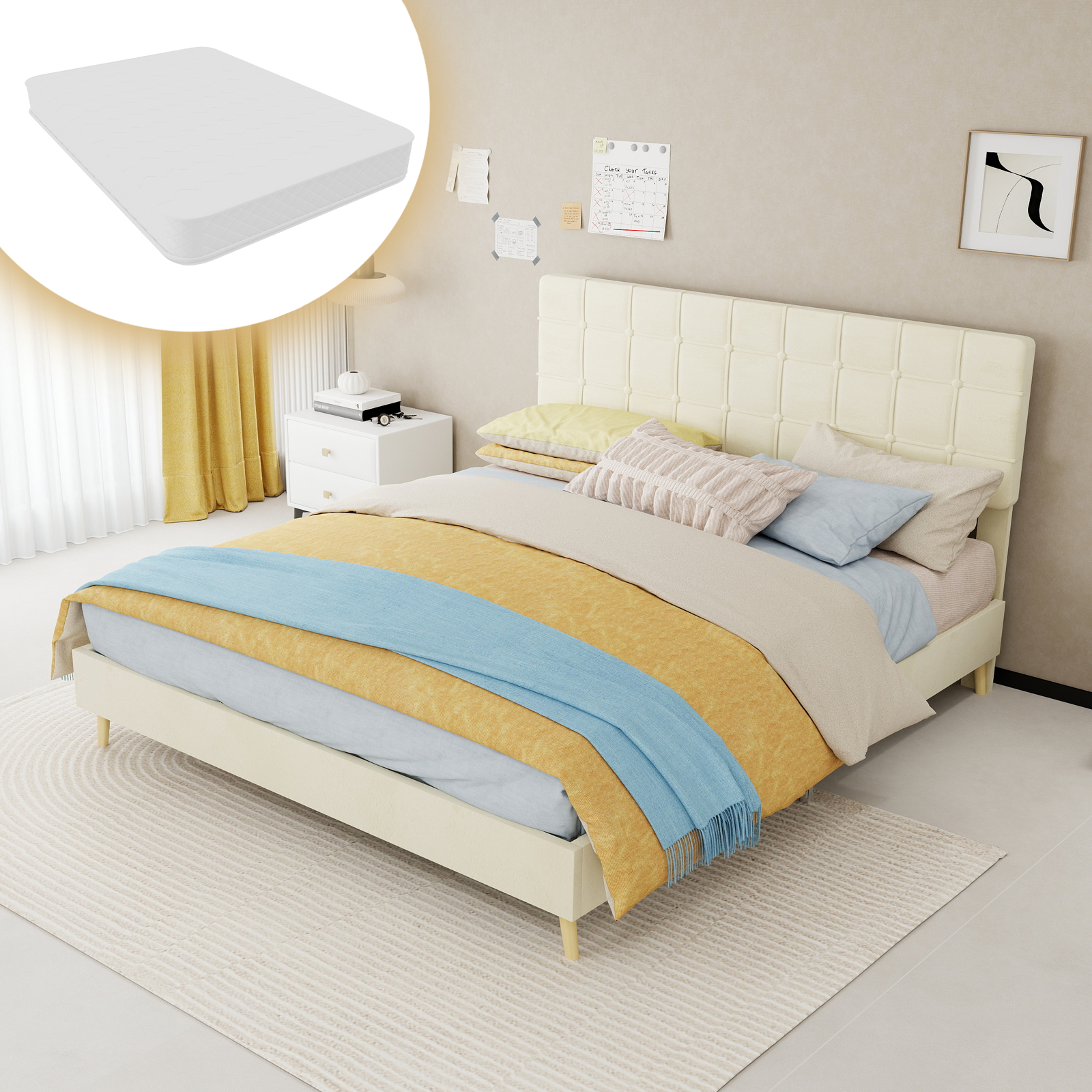 Polsterbett, 160x200cm, Kopfteil, Stoff+metall, Beige