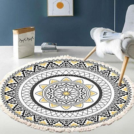 Ausverkauf: Wohnzimmer-teppich – Rund, Handgewebte Baumwolle – Mandala-muster – Bohemian Vintage-stil – Mit Fransen – Maschinenwaschbar – Für Schlafzimmer, Flur, Wohnzimmer, Couchtisch – 120 Cm