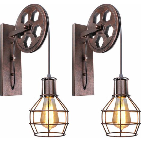 Wandlampe Im Vintage-stil Mit Metallrolle – Metallschirm Und Holzrolle – 2 Stück – Für Industrielles Ambiente