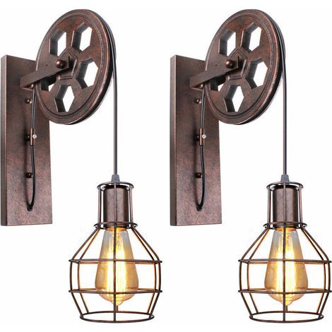 Vintage-retro-wandlampe Mit Metallflaschenzug – Metallschirm Und Holzflaschenzug – 2 Stück – Für Industrielles Ambiente