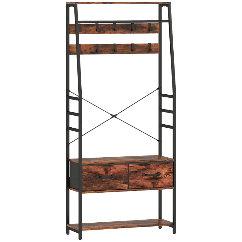 Flurgarderobe Mit Schuhbank, 10 Haken, Kleiderstange, 2 Stoffschubladen, Metallrahmen, Braun, 80×30×180 Cm