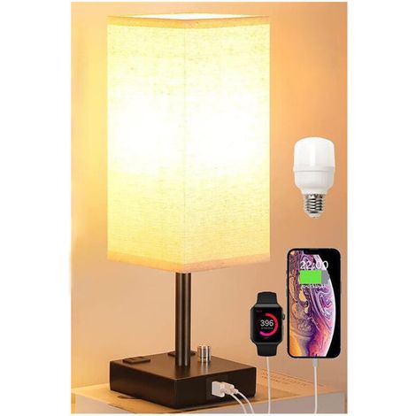 Nachtischlampe Mit Berührungsfunktion Und 2 Usb-ladeanschlüssen, Dreistufige Dimmfunktion, Stoffschirm Mit Eisenbasis, Tischleuchte Für Wohnzimmer, Schlafzimmer Und Hotel (glühbirne Enthalten) [energi