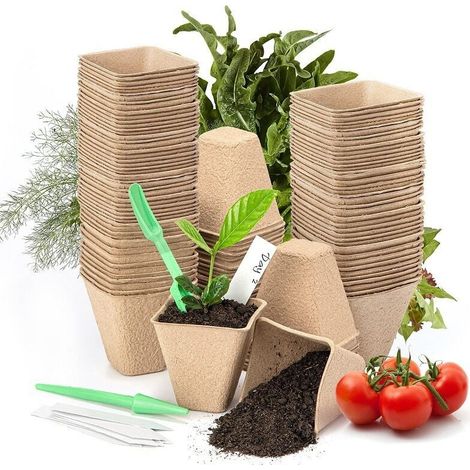 100 Stück Biologisch Abbaubare Anzuchttöpfe, 8 Cm Quadratische Pikier-töpfe Mit 100 Pflanzen-etiketten Für Samen, Gemüse, Blumen Und Sukkulenten