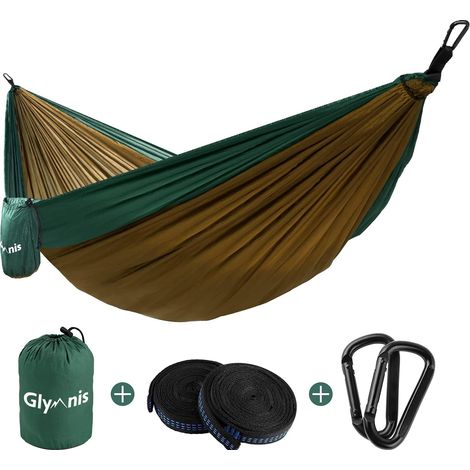 Hammak Aus Ultraleichtem Nylon Von Glymnis, Tragfähigkeit 300 Kg, 275 X 140 Cm, Mit 2 Nylongurten Und 2 Karabinerhaken (für Camping, Reise, Outdoor, Garten) – Braun