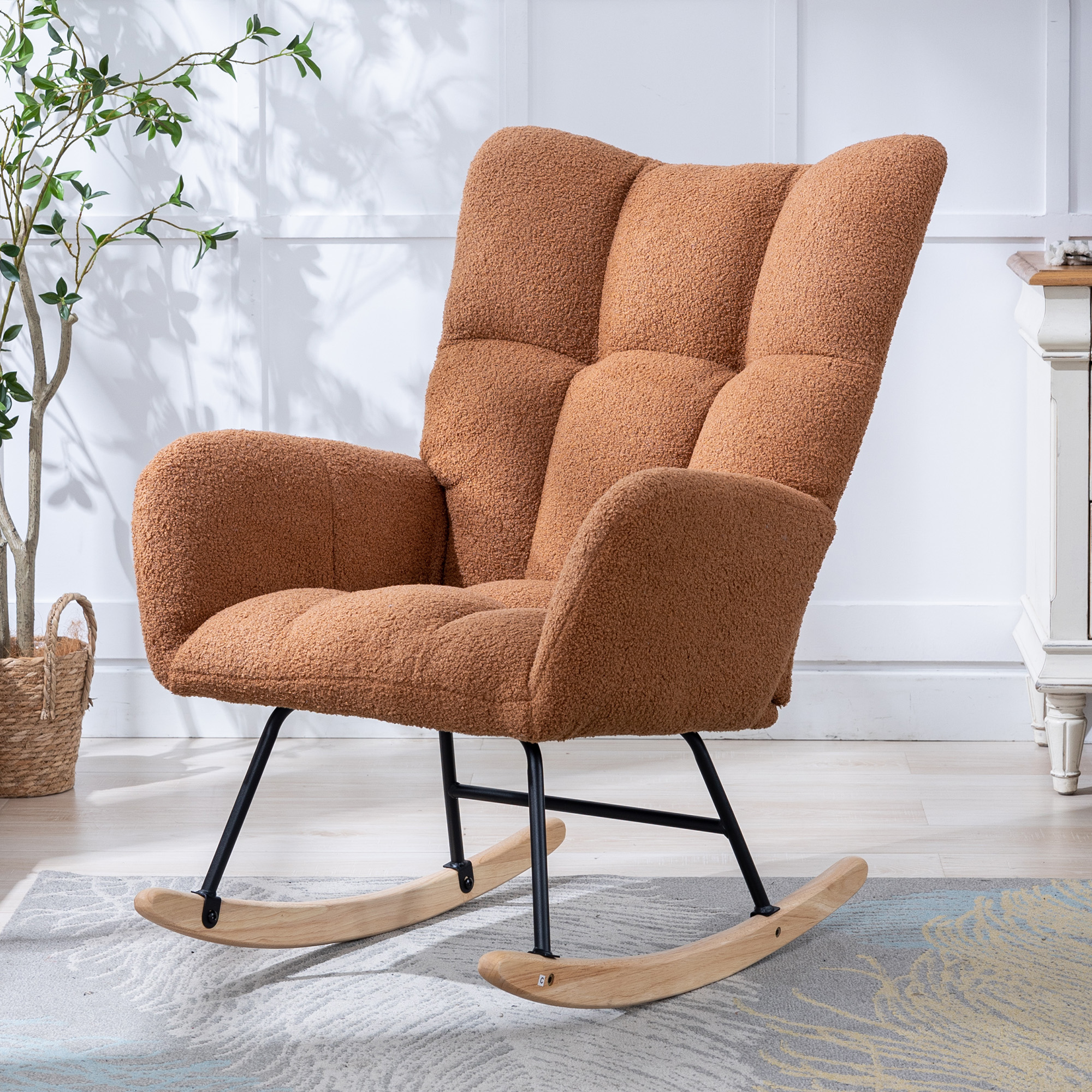 Schaukelstuhl Teddy-stoff Mit Tasche, Ohrensessel-style, Massivholzsockel, 65x77x90 Cm, Braun