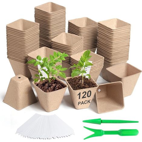 Lot 120 Kompostierbare Kultur-töpfe, 8 Cm – Umtopf-gärtnerbecher + 30 Pflanzenetiketten + 2 Pikierwerkzeuge – Für Samen Und Blumen
