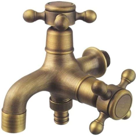 Gartenwasserhahn Im Antiken Stil Mit Doppelablauf, Gartenkugelhahn Mit Zwei Kugeln, Gartenpfostenarmatur, Scheibenventil 1/2" Messing