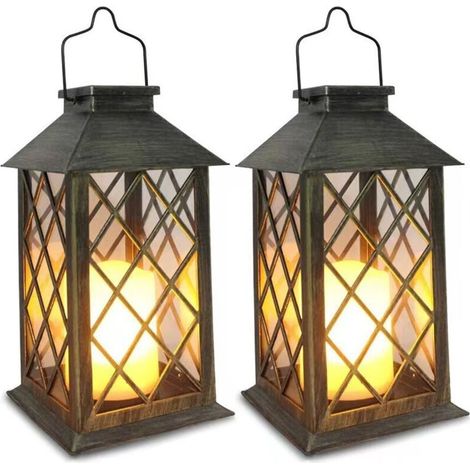 Laternen-solarleuchte Für Den Außenbereich, 2 Stück Solar-tischlampe Mit Flackernder Kerze, Wasserdichte Solar-hängelampe Zum Aufstellen Für Balkon, Garten Und Terrasse – Bronze