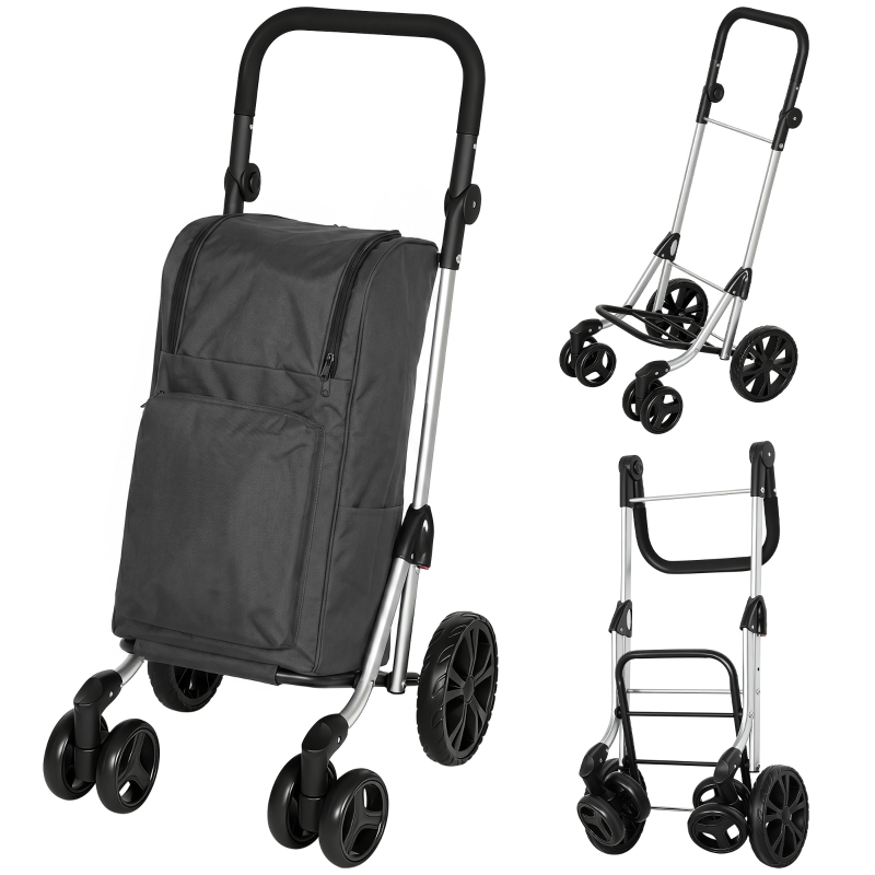 Einkaufstrolley Mit 46-l-tasche Und Kühltasche, Faltbar, Verstellbarer Griff, Aluminiumrahmen, Dunkelgrau