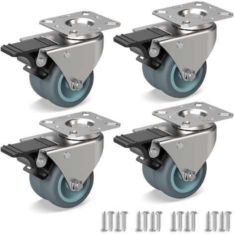 4 Schwenkrollen Für Möbel, Schwere Doppelrollen Mit Bremse + Schrauben - 50mm Bis Zu 160kg - Gummiräder Für Transportwagen