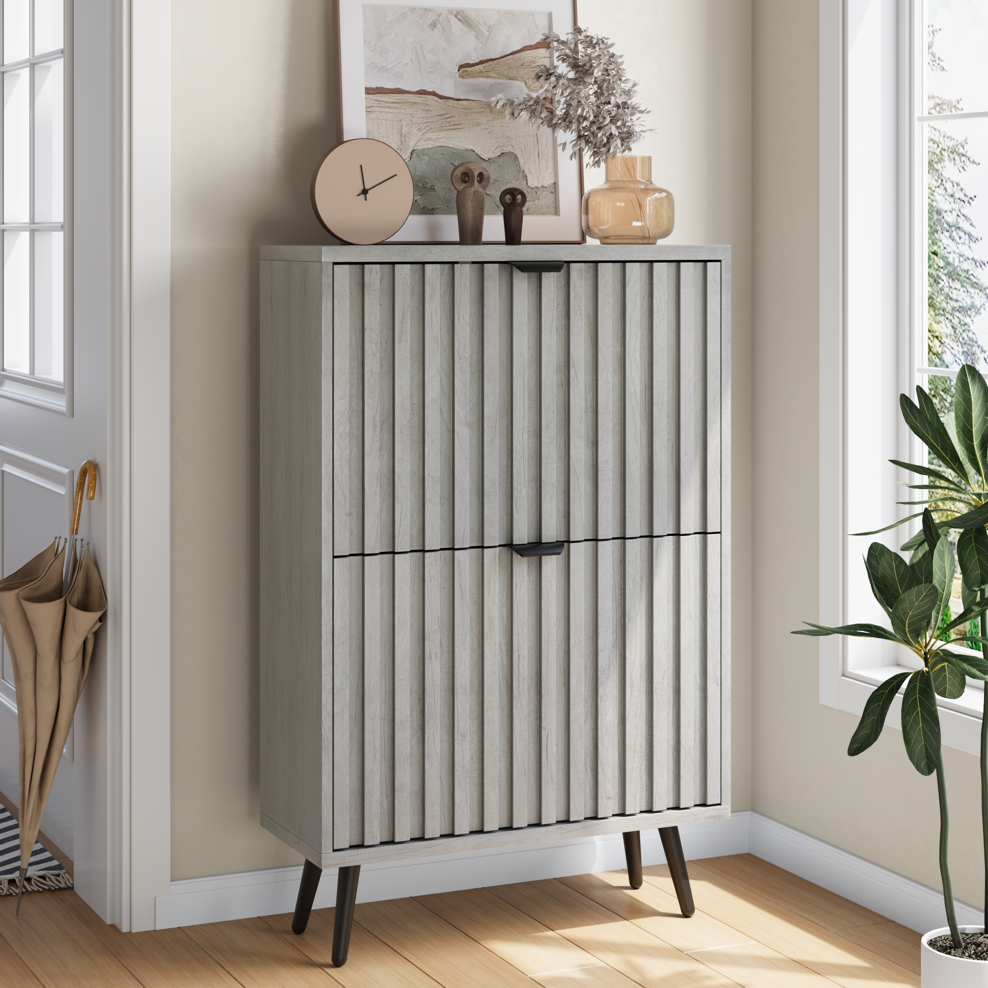 Ein Versteckter Schuhschrank Mit Einem 60cm Grauen Rillendesign Und 2-klapp-schubladen