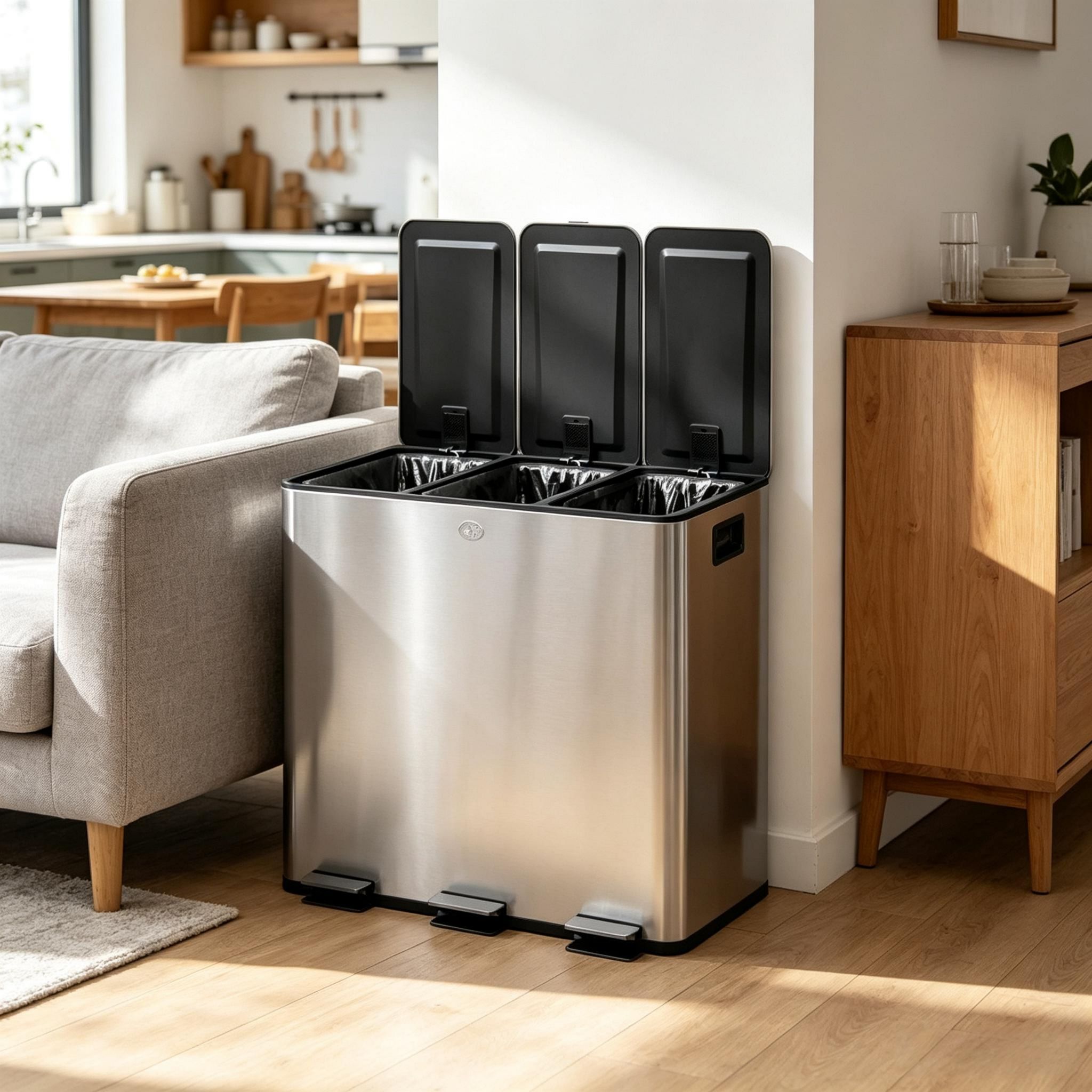 Küchenmülleimer Mülltrennung, 3 Kompartimente Mit Je 15 Liter, Abnehmbare Inneneimer Für Haushalt