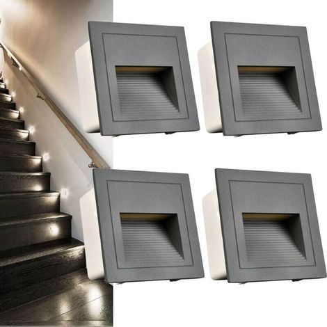 Ineasicer Set Aus 4 Quadratischen Led-wandeinbauleuchten, Kaltweiß, Ip65, Für Treppen Und Stufen, Aluminium, Dekorative Und Funktionale Beleuchtung, Graues Gehäuse
