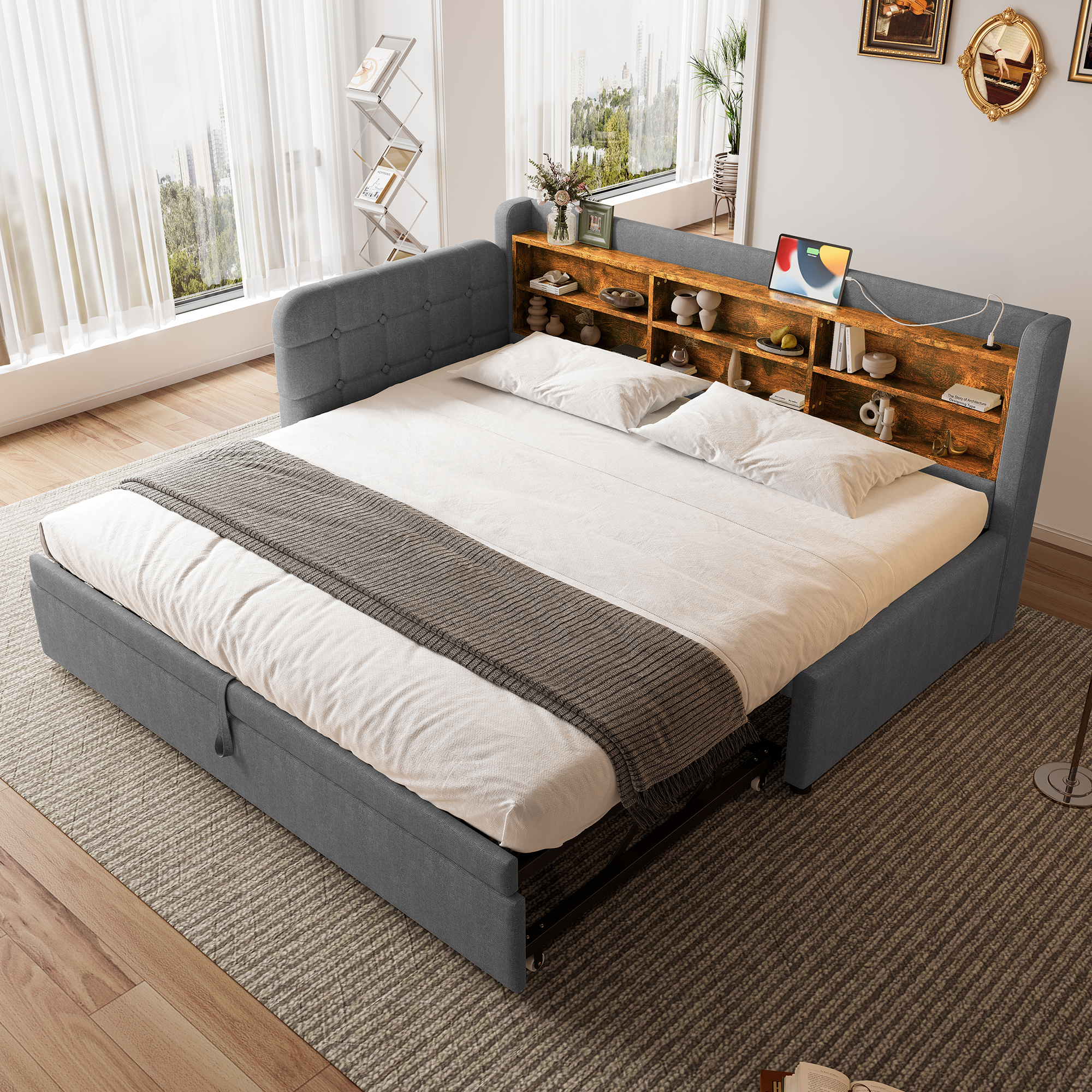 Tagesbett, 90x200cm, Usb, Lattenrost, Ausziehbett, Leinen, Grau