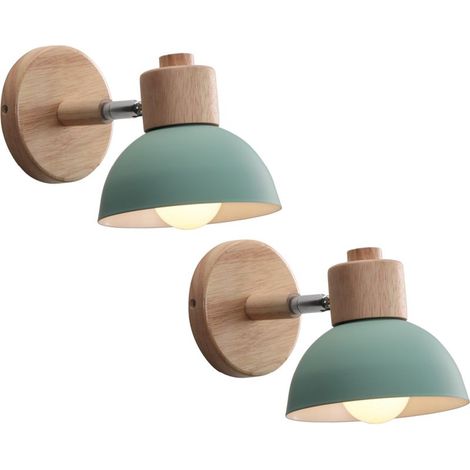 Wandlampe Im Retro-stil E27 Grün – Aus Schmiedeeisen Und Holz – Ø15 Cm – Um 180° Schwenkbar – 2er-set