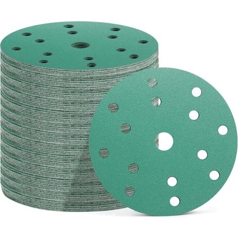 50 Schleifscheiben 150 Mm, 15 Löcher, Körnung 60/80/120/180/400 (je 10 Stück), Schleifpapier Für Exzenterschleifer (grün (p60/p80/p120/p180/p400))