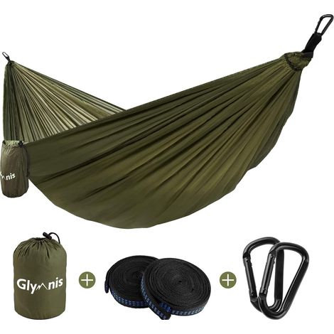 Ultraleichtes Nylon-hängematte Von Glymnis, Tragfähigkeit 300 Kg, 275 X 140 Cm, Mit 2 Nylongurten Und 2 Karabinern (camping, Reise, Outdoor, Garten) – Grün