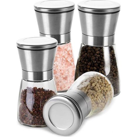 Set Aus 4 Salz- Und Pfeffermühlen, Originale Salz- Und Pfeffermühle Aus Edelstahl, Kupfer, Gebürstetem Edelstahl Und Glas, Gewürzmühlen - 160 Ml