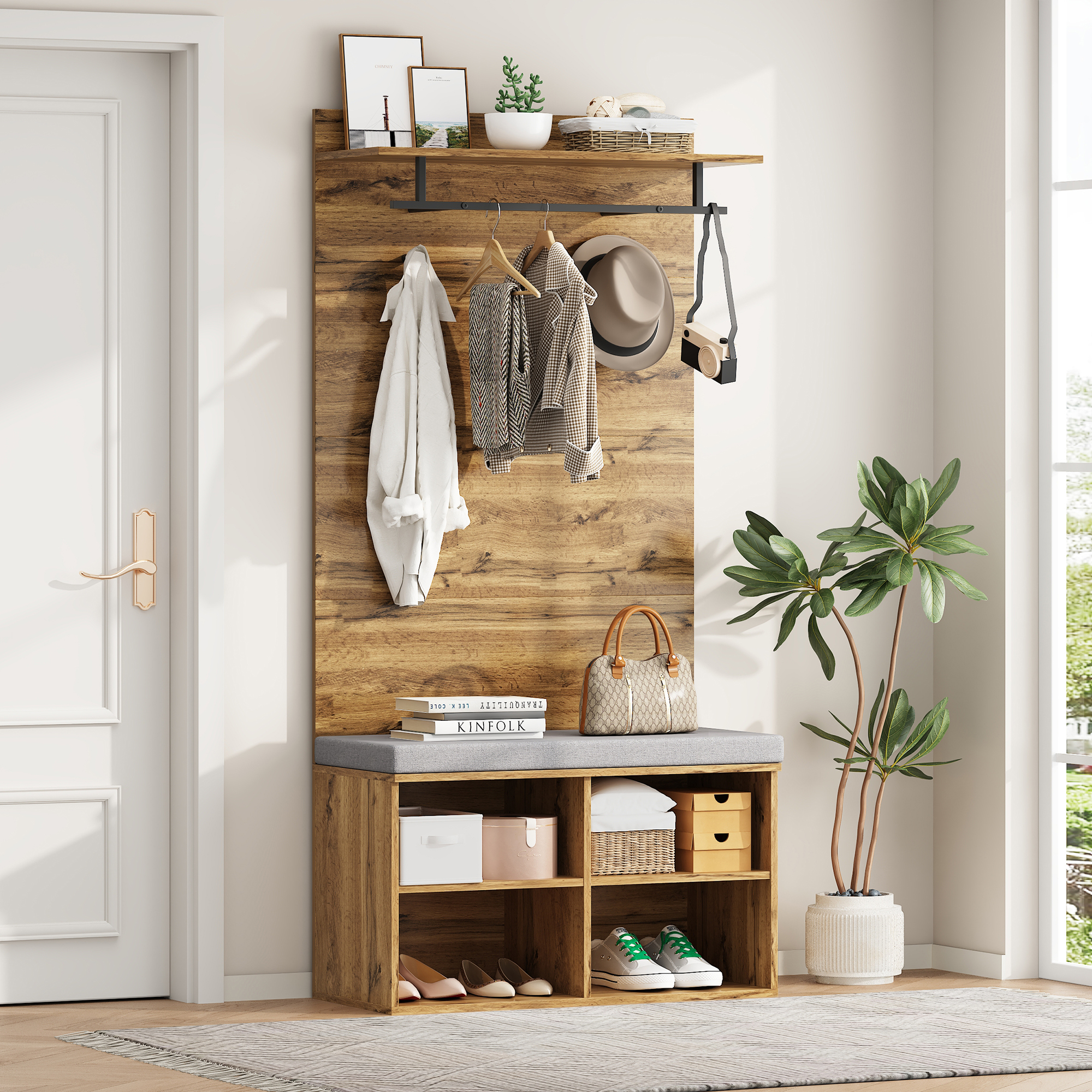 175 Cm Hohes Garderobenset In Holzoptik Mit Schuhbank, Kleiderstange Und Polster – 84 X 32 Cm – Praktische Flurmöbel.