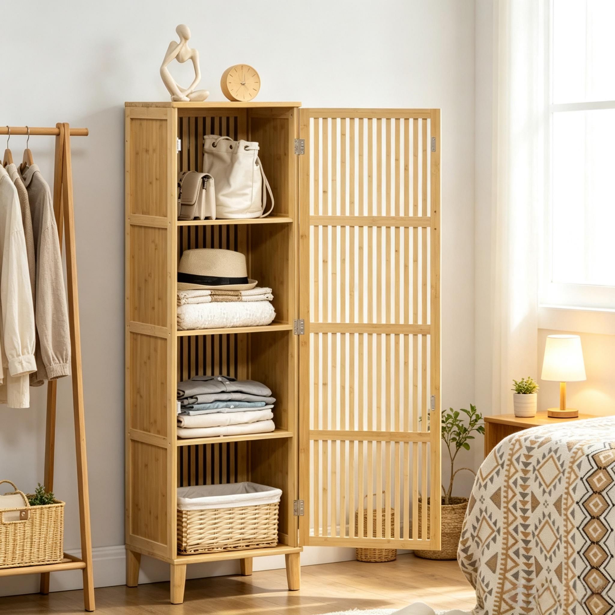 Hochschrank Bambus Mit Tuer & Lueftung, Natur, 40x30x140 Cm