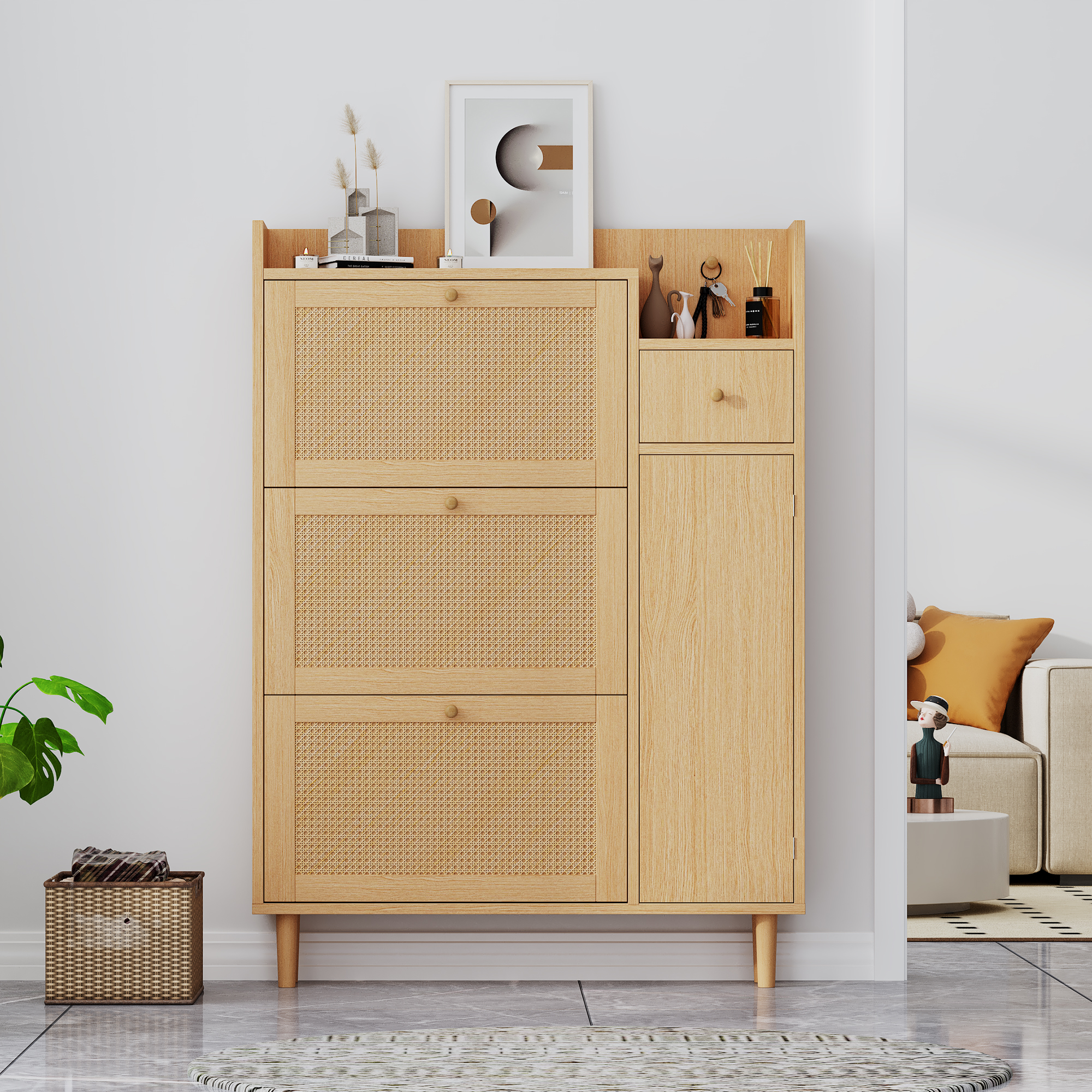 Holzwerkstoff Schuhschrank Aus Rattan – Geeignet Für Enge Eingänge – 3 Kipp-türen Und 1 Schublade – Mit